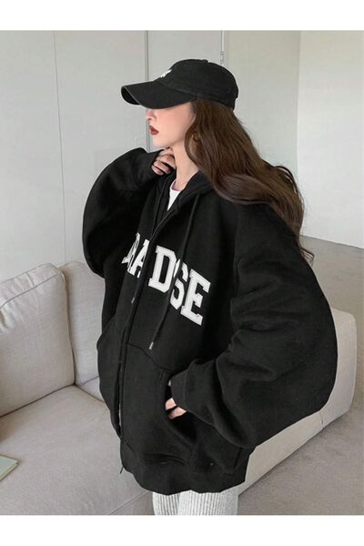 SeusCraft Cardigan de iarnă cu glugă supradimensionată Paradise Black Printed...