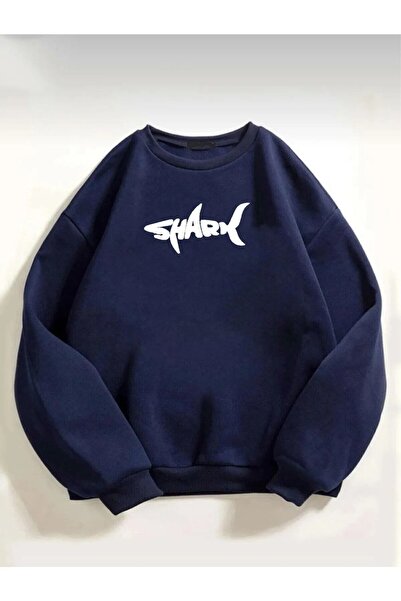 SeusCraft Shark Desen Kalın Kışlık Sweatshirt - Lacivert  Baskılı Oversize Şa...