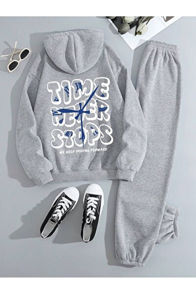 SeusCraft Φούτερ Time Sweatshirt Jogger - Σετ φόρμας με κουκούλα σε γκρι στάμπα