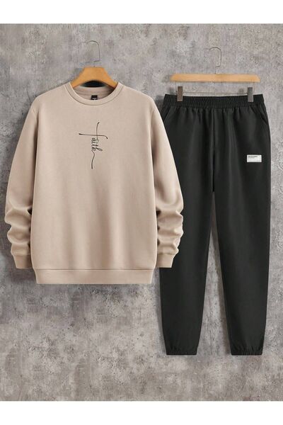 SeusCraft Φούτερ Faith και Jogger - Μπεζ με μαύρο εμπριμέ σετ φόρμας με λαιμό...