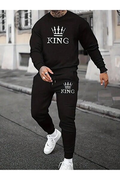 SeusCraft Taç King Sweatshirt  Jogger - Siyah Baskılı Alt Üst Eşofman Takımı ...