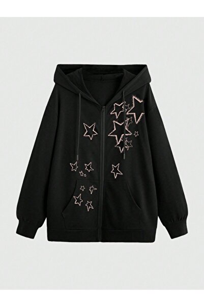 SeusCraft Yıldızlar Desen Fermuarlı Kışlık Hırka - Siyah  Baskılı Oversize Şa...