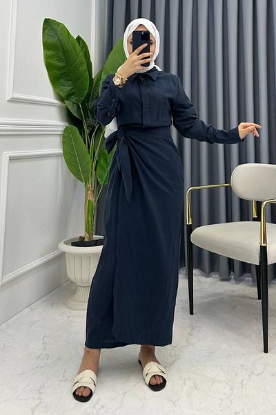 miqa butik فستان كتان باللون الأزرق الداكن - تنورة مربوطة