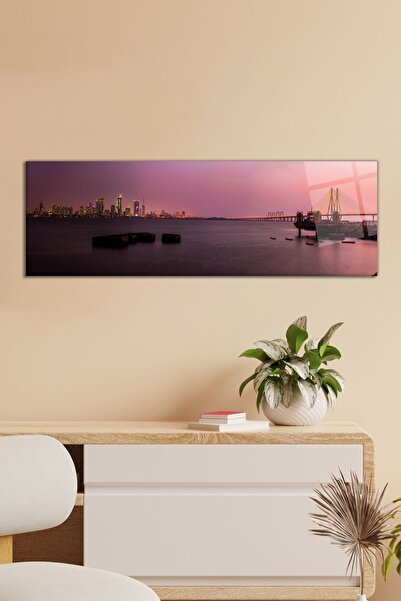 Vosevu Mor Yansıma Deniz Şehir Panoramik Cam Tablo, Modern Ev ve Ofis Dekoru, Hediyelik Duvar Dekorasyonu