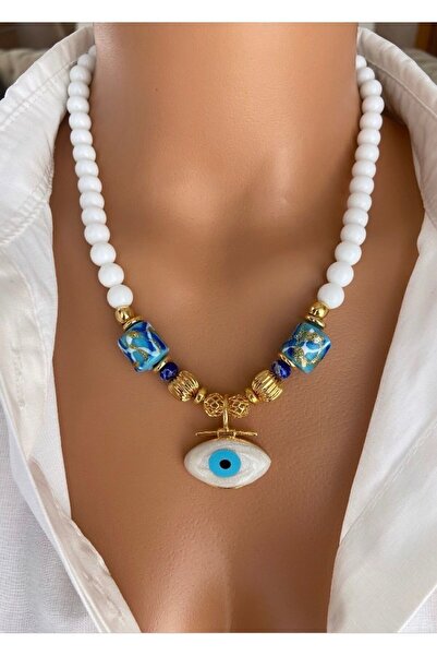 Gold Plated Eye Glass Tip Custom Handmade Ceramic White Glass Beads Blue White Women Summer Necklace