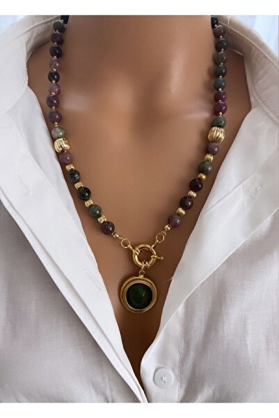 TARZ-I TAKI Doğal Taş Yeşil Akik Taşı Altın Kaplama Çerçeveli Akik Uç Kadın Kolye Anneler Sevgililer Günü