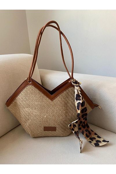 Mercan Tan Straw Women's Shoulder Strap Bag with Zipper and Leopard Scarf Detail