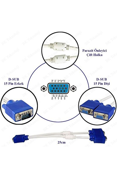 BK Teknoloji Yüksek Kalite Vga Çoklayıcı Monitör Kablosu 1 Giriş 2 Çıkış