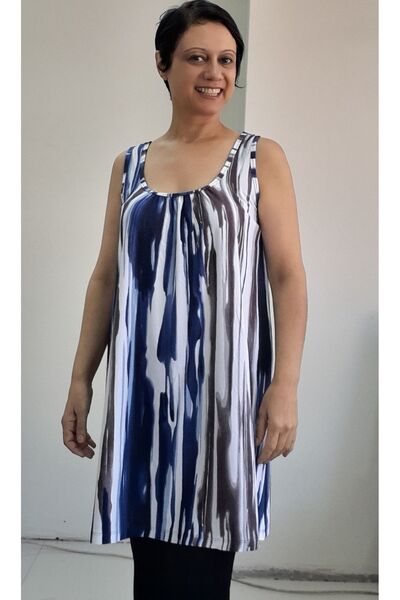 Mertcan Butik Tricou din viscoză cu model albastru și alb - curea adunată