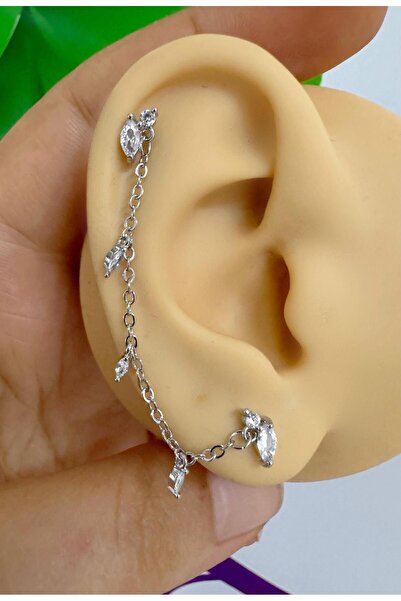 Arescollection Zirkon taşlı 1 adet zincir bağlantılı ikili kıkırdak kulak memesi uyumlu piercing küpe
