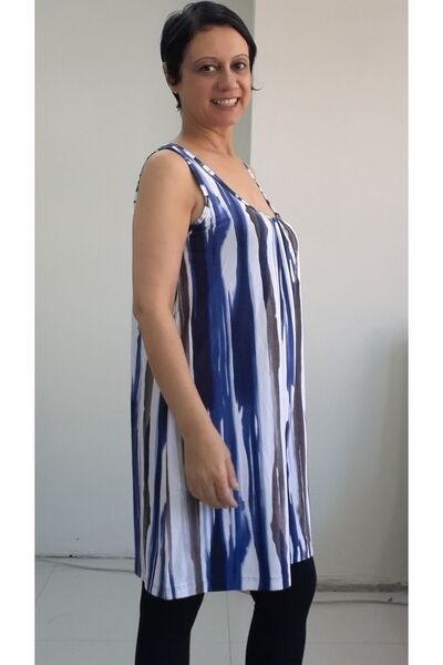 Mertcan Butik Tricou din viscoză cu model albastru și alb - curea adunată