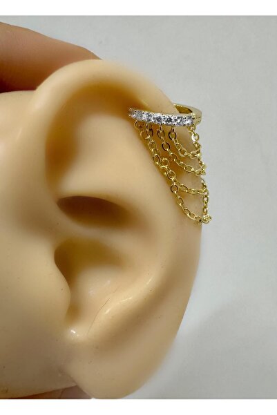 Arescollection 1 adet zirkon taşlı 4 sıra  zincirli sol kulak uyumlu halka pi...