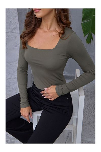 Elif Özbey Butik Μπλούζα Χακί Crop με τετράγωνο γιακά