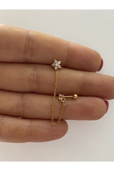 Arescollection surgical steel zircon stone chain double ear piercing earrings