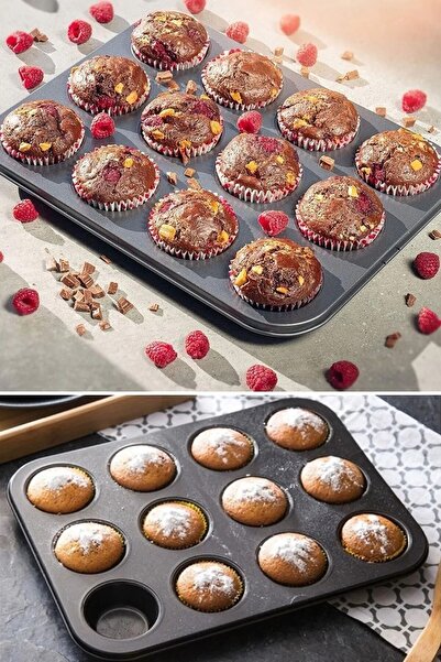 Berdina Home Muffin Kalıbı 12'li Kek Kurabiye Cupcake Muffin Kalıbı Fırın Kapsül Tepsisi Granit Kaplama Inox Gri