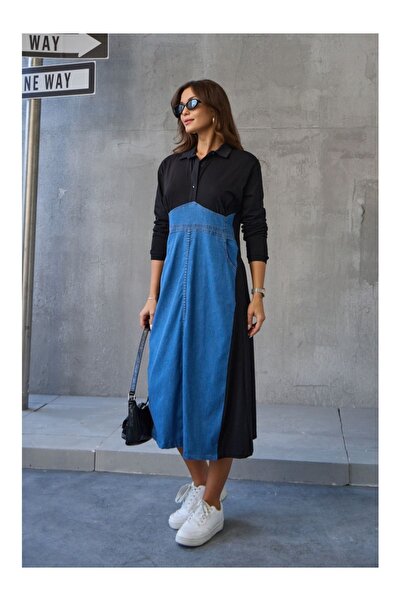 Elif Özbey Butik Shirt Collar Black Jean Dress