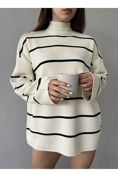 NATUFIAN STORE Pulover de damă, Pulover de damă cu dungi oversize, tricotaj pe jumatate de guler, Pulover cu dungi, Pulover oversize