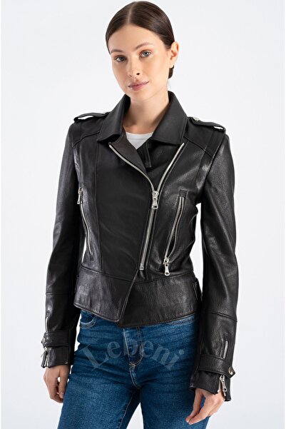 Lebeni Kadın Biker Deri Ceket Yelek - Mevsimlik Kruvaze Slim Fit Hakiki Biker...