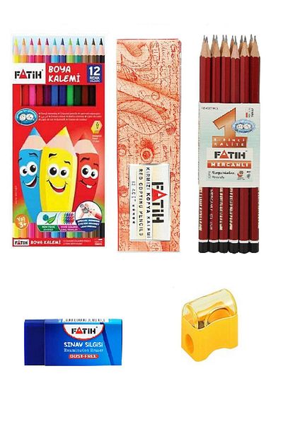 Fatih 12 Pieces of Dry Paint - 12 Pieces of Pencils - 12 Pieces of Red Pencil Eraser and Pencil Sharpener Total 38 Pieces