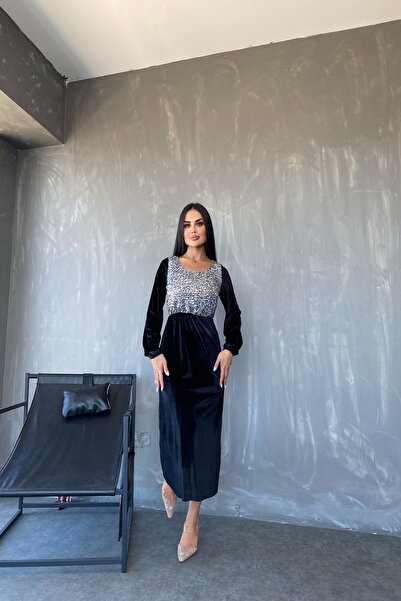 kamacibutik Kare Yaka Pul İşlemeli Kadife Elbise