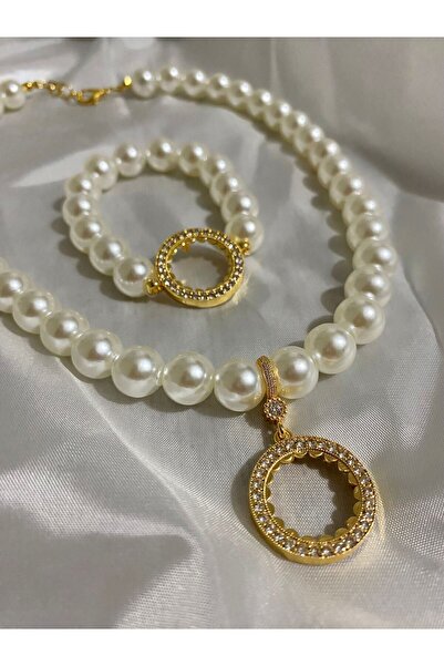 ENT COLLECTİON çeyrek altın uyumlu incili kolye bileklik seti -çeyrekli inci ...