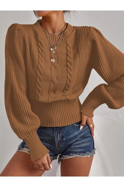 AQE FASHION Πλεκτό πουλόβερ Princess Sleeve Camel με πλεκτά μαλλιά