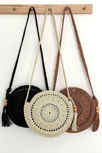 BECCASTYLE Yuvarlak Çanta, Makrome Çanta, Bohem Çanta, Püsküllü Hasır Çanta, Örgü Çapraz Çanta Krem Rengi Çanta
