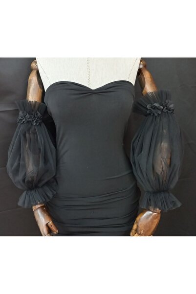 es moda shop فستان سهرة من التول بتفاصيل زهور وأكمام باللون الأسود