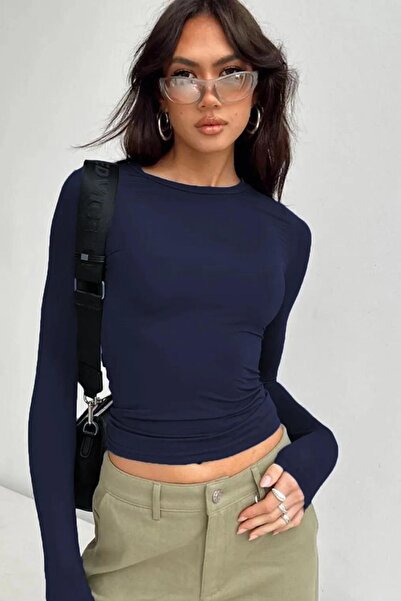 Devinka Жіноча темно-синя блуза з велосипедним коміром, еластична тканина, довгі рукави