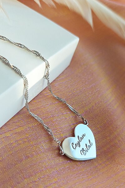 VAOOV 925 Ayar Gümüş Singapur Zincirli Isimli Kalp Kolye