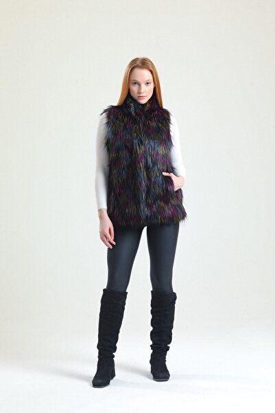 KürkZone Kadın Patchwork Siyah Kürk Yelek