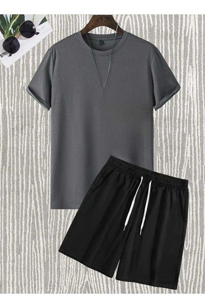 BETİLİNA Unisex Black Smoked Plain Unprinted Bottom Top Shorts T-Shirt Set