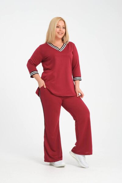 garajmood Claret Red Stripe Detailed Long Sleeve Comfortable Sports Large Size Women's Tracksuit Set