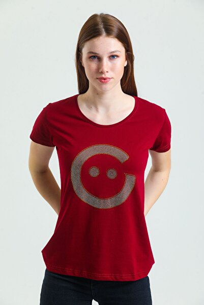 GüleGüleGiy Ferah Yaka Tişört Taşlı GGG Logo Bordo