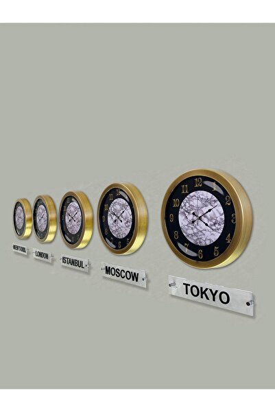 Platin Saat 36 cm Tumbled Metal Black Dial 5 Pcs Set Hotel World Clock with S...
