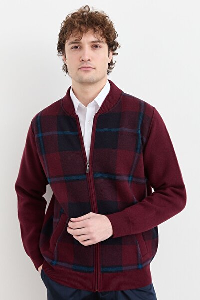 Desen Triko Men's Chief Collar Checked Pique Woven Coat Claret Red