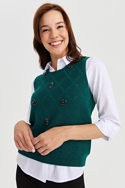 Desen Triko Women's Zero Collar Front Checkered Links Wool Sweater K.Ö.başı