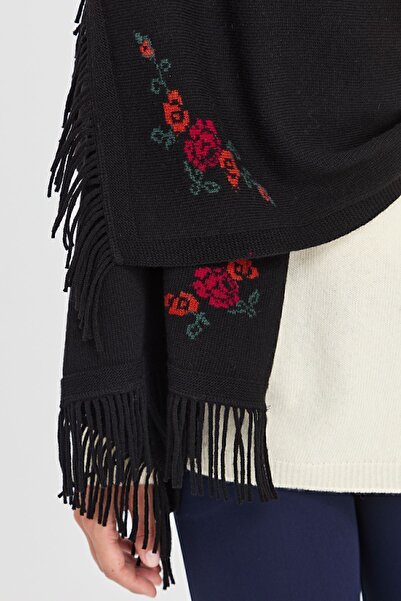 Desen Triko Γυναικείο Πλεκτό Μάλλινο Σάλι με Λουλούδια Μαύρο