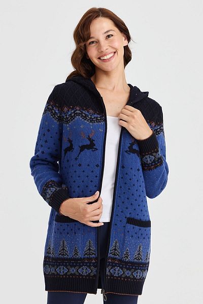 Desen Triko Cardigan de lână cu model de cerb cu glugă pentru femei Albastru închis