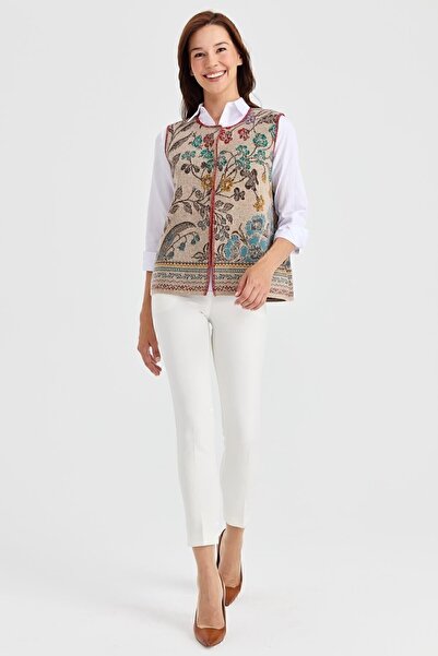 Desen Triko Women's Crew Neck Ivy Patterned Wool Vest Dark Beige