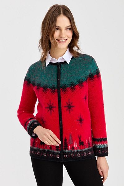 Desen Triko Women's Zero Collar New Year Patterned Cardigan S.Red