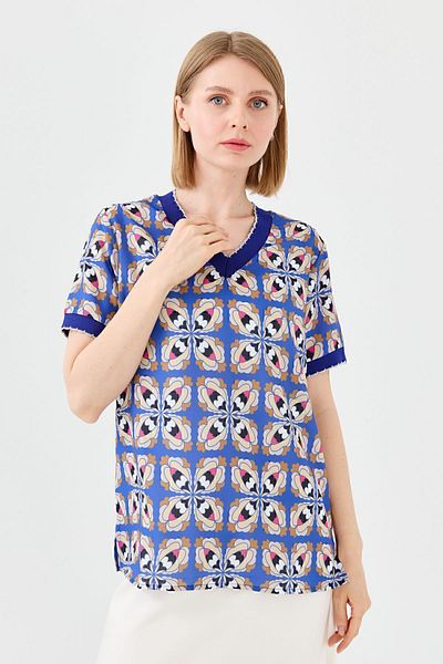 Desen Triko Tricou de damă cu decolteu în V, colorat, din bumbac pieptănat, albastru