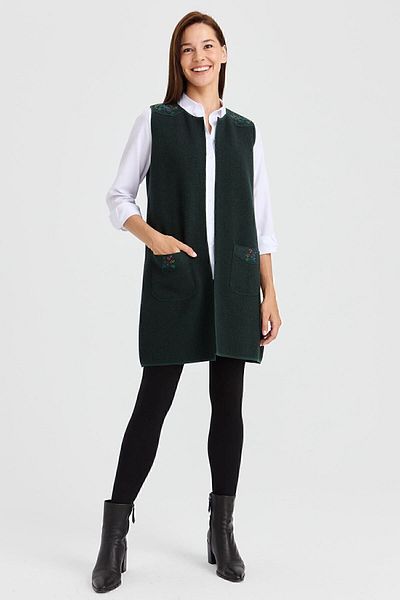 Desen Triko Women's Crew Neck Shoulder and Pocket Felt Embroidered Wool Vest Green