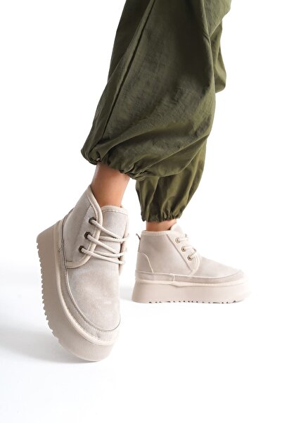 TRENDELLA Zimní béžové kozačky – dámské, chlupatá silná podrážka