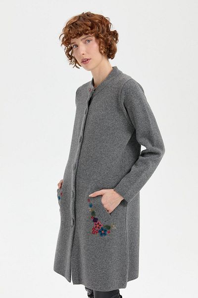 Desen Triko Women's Long Wool Cardigan with Smoke Color - Stand Collar and Embroidered Pocket
