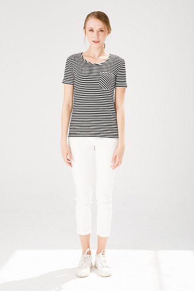 Desen Triko Tricou de damă cu mânecă scurtă cu decolteu în dungi din bumbac, negru