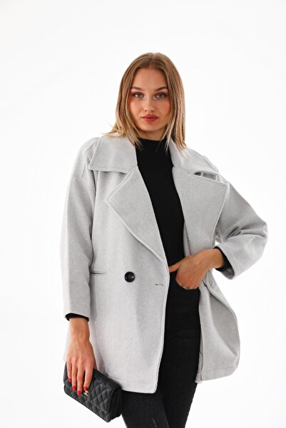 OlaLady Kadın Kruvaze Yaka Balık Sırtı Desenli Kaşe Cepli Kaban