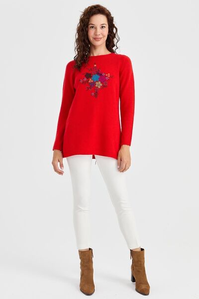 Desen Triko Women's Crew Neck Front Embroidered Long Wool Sweater Coral