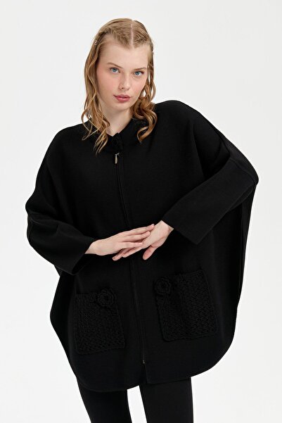 Desen Triko Black Short Poncho - Stand Collar and Rose Embroidered Zippered Women's Poncho