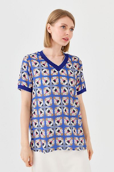 Desen Triko Tricou de damă cu decolteu în V, colorat, din bumbac pieptănat, albastru